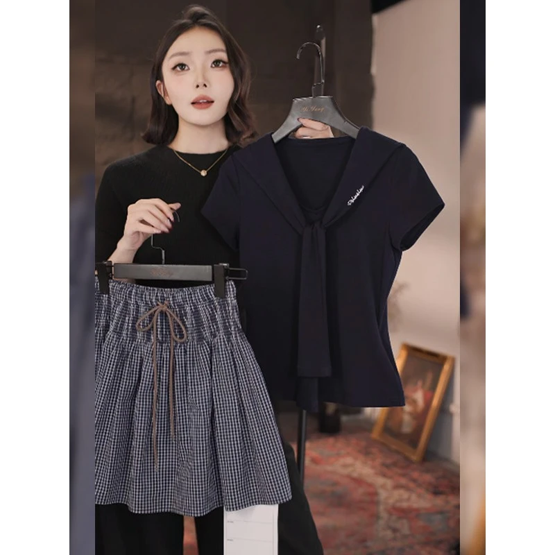 学院风气质小众复古修身辣妹上衣格纹裙女装2025夏季新款减龄套装