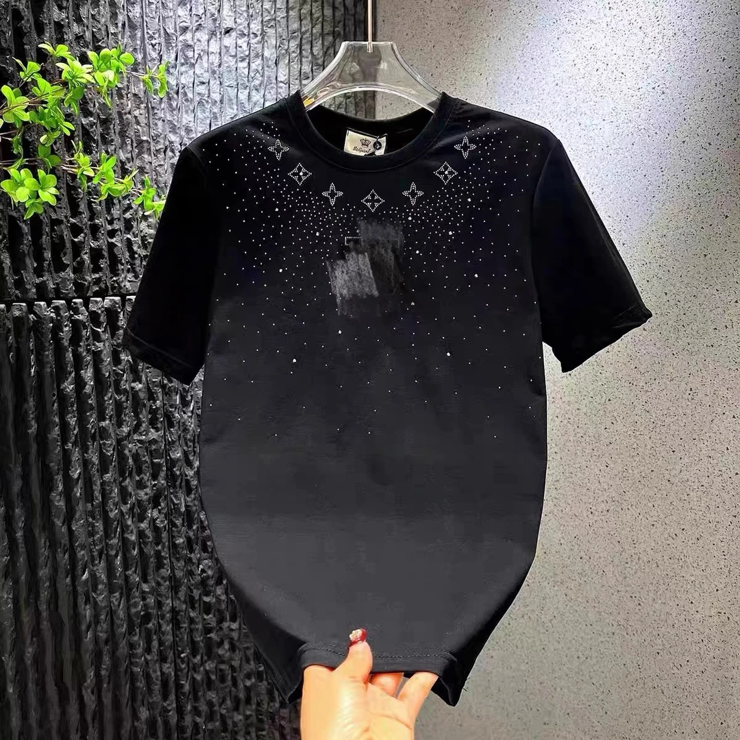 纯棉欧货轻奢夏季高端潮牌T恤欧洲站烫钻半袖男短袖大码
