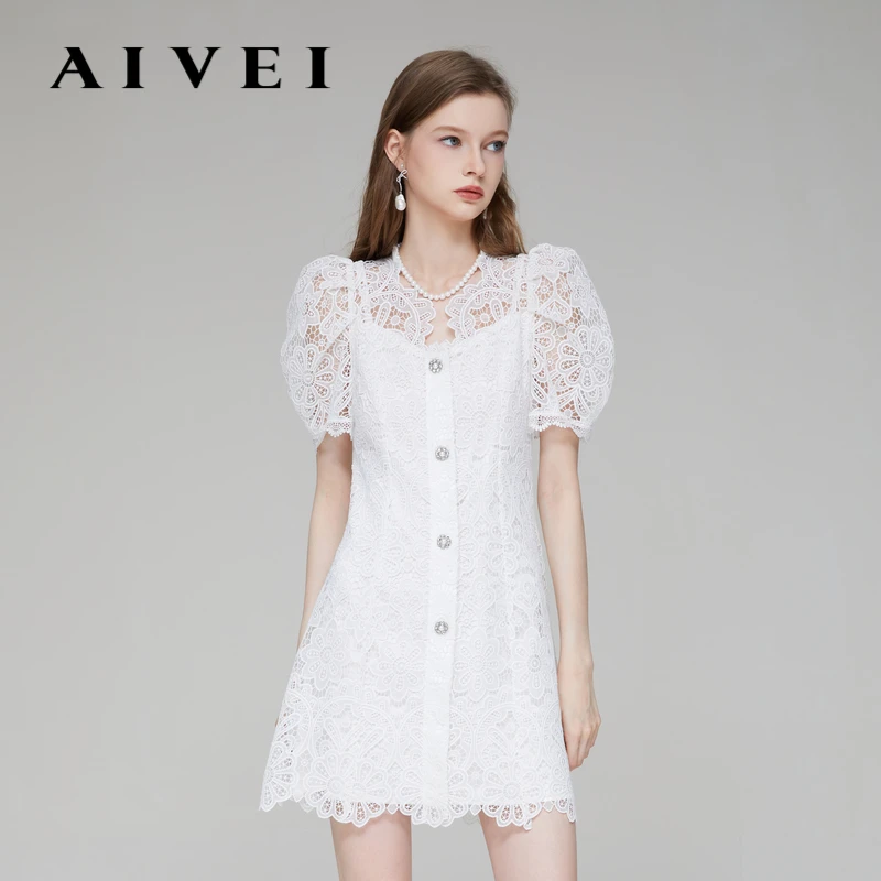 AIVEI艾薇春夏季泡泡袖蕾丝连衣裙气质 Q0360017