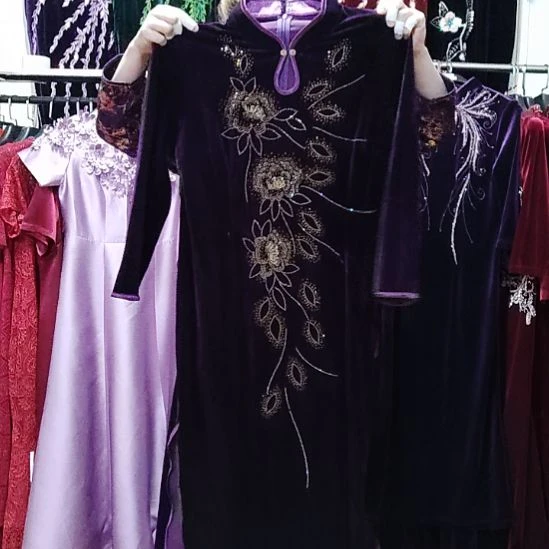 紫色金丝绒重工中长旗袍3XL135斤左右
