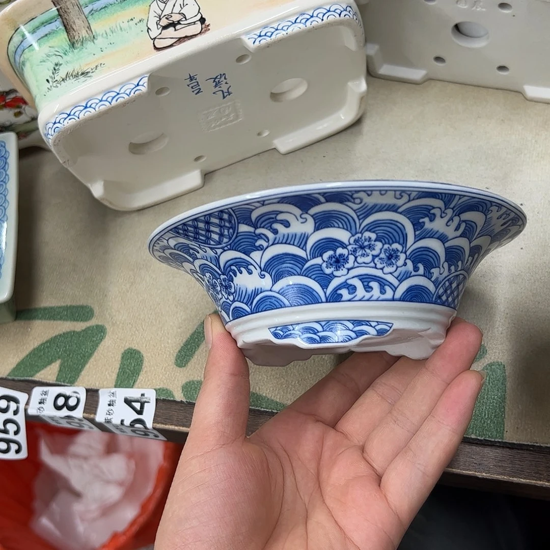 紫砂花盆959号瑕疵15/5cm仿手绘海浪花纹