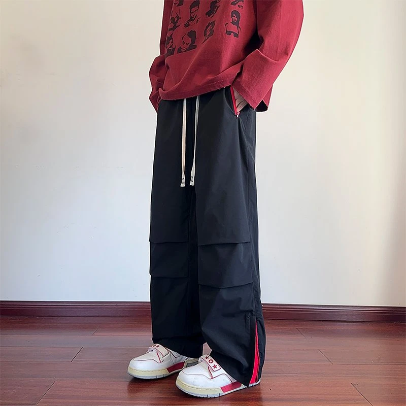引创休闲裤子男褶皱裤脚分叉百搭阔腿裤港风宽松大码抽绳冲锋裤子
