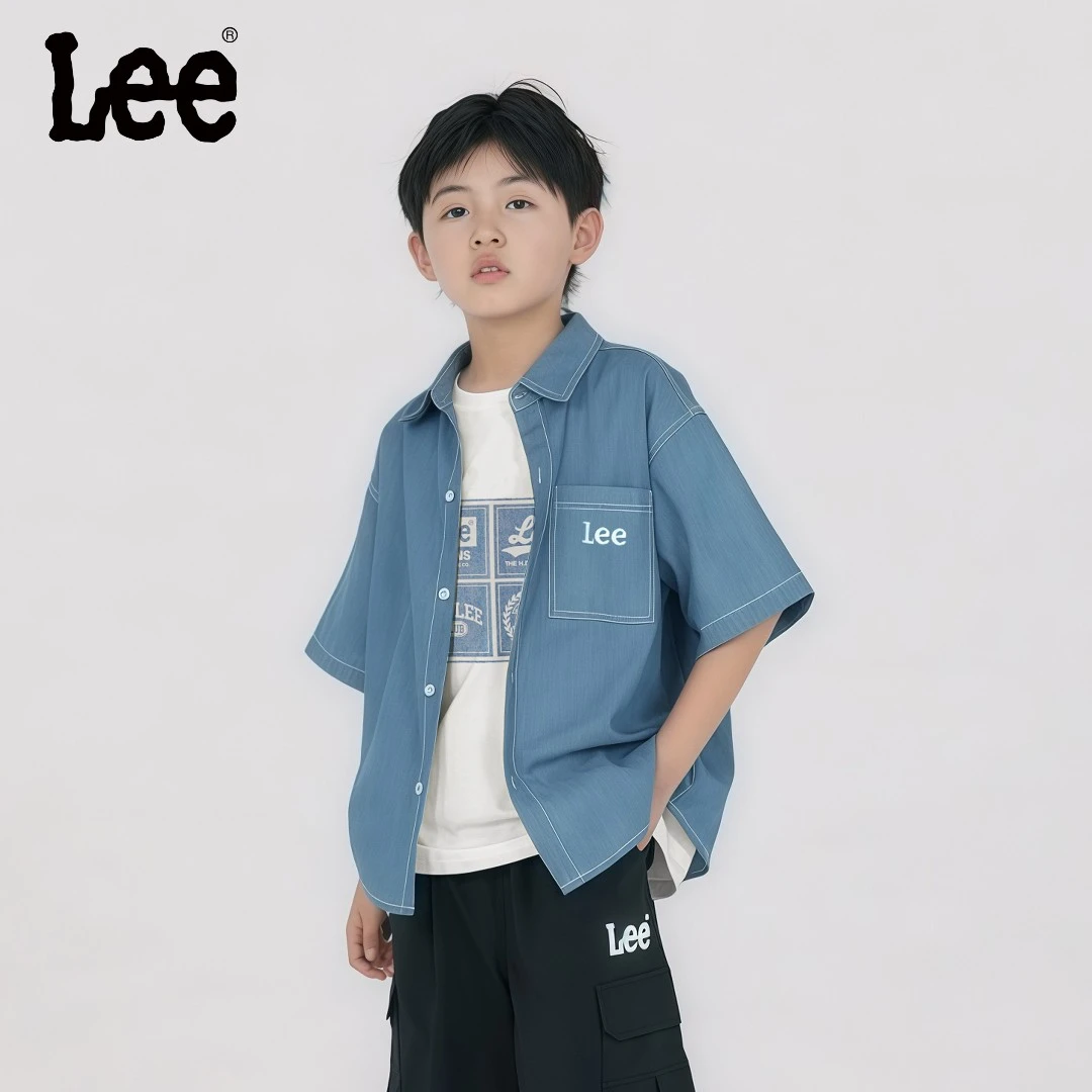 Leekids套装2025牛仔衬衫男女童短袖T恤长裤夏季三件套