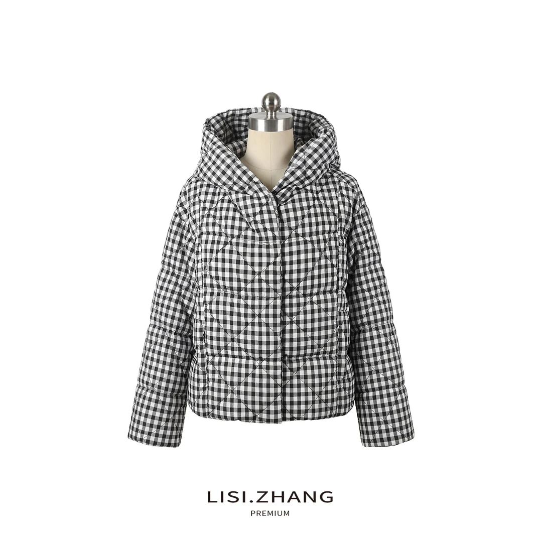 LISI.ZHANG--【连帽格纹羽绒服】时尚菱形压褶宽松短款面包羽绒服