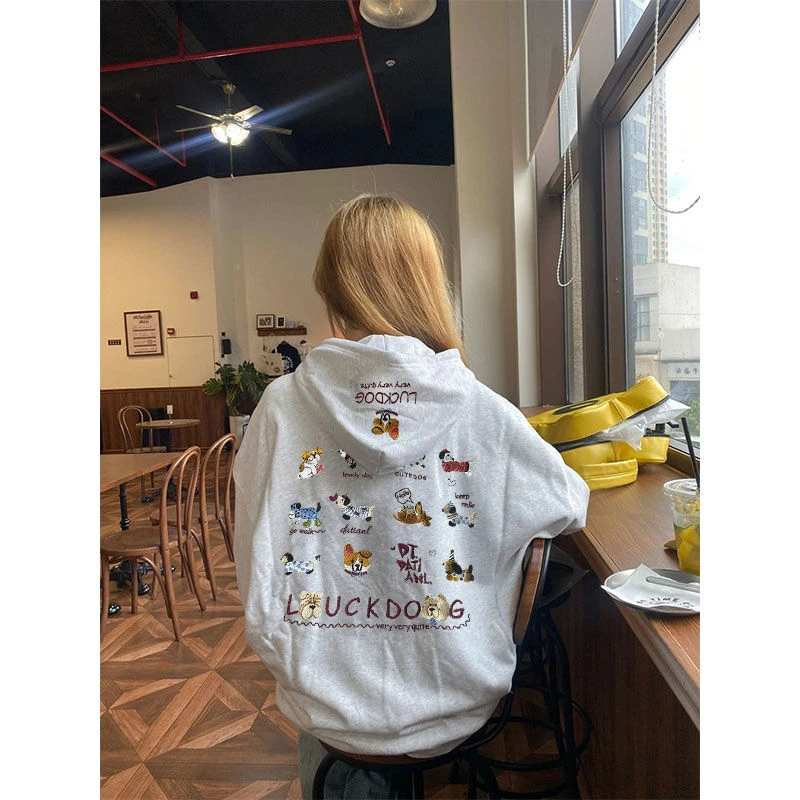 美式复古可爱小狗刺绣高级感连帽卫衣男女秋冬季加绒加厚情侣外套