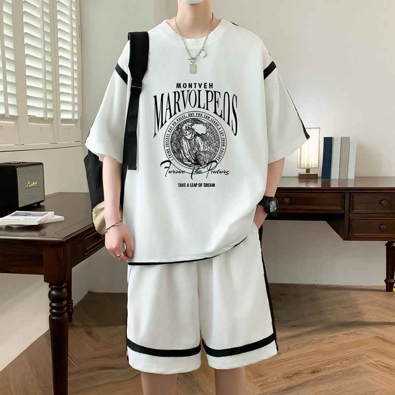短袖T恤休闲运动套装夏季款男士休闲青年百搭ins加大码时尚情侣装