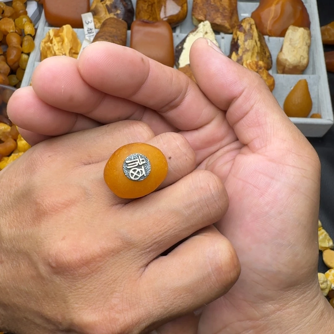琥珀银S925镶嵌戒指天然蜜蜡戒指