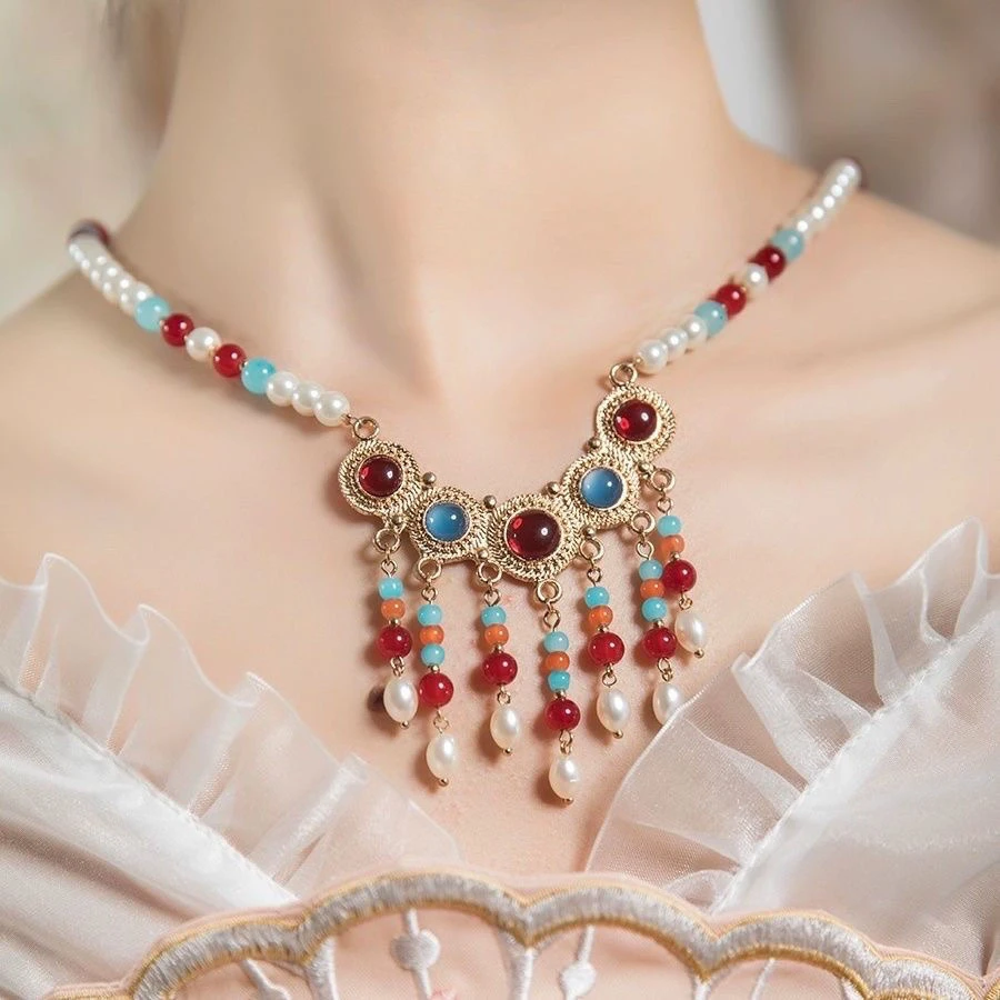 非金属仿珍珠吊坠 红豆安 汉服配饰璎珞古典旗袍珍珠吊坠项链