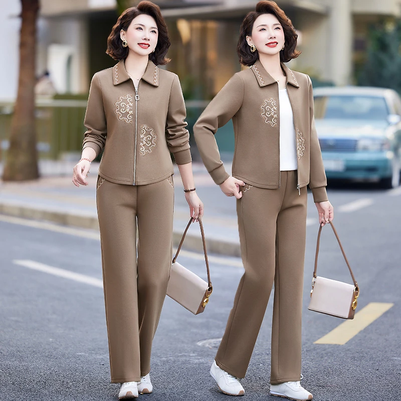 中年妈妈春装运动套装大尺码卫衣中老年女装春秋上衣外套休闲运动