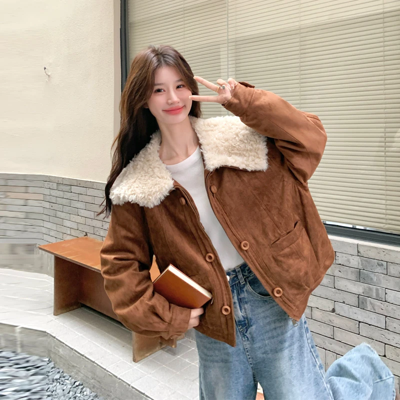 复古ins风麂皮绒羽绒服2025冬季新款美拉德咖色甜酷风白鸭绒外套