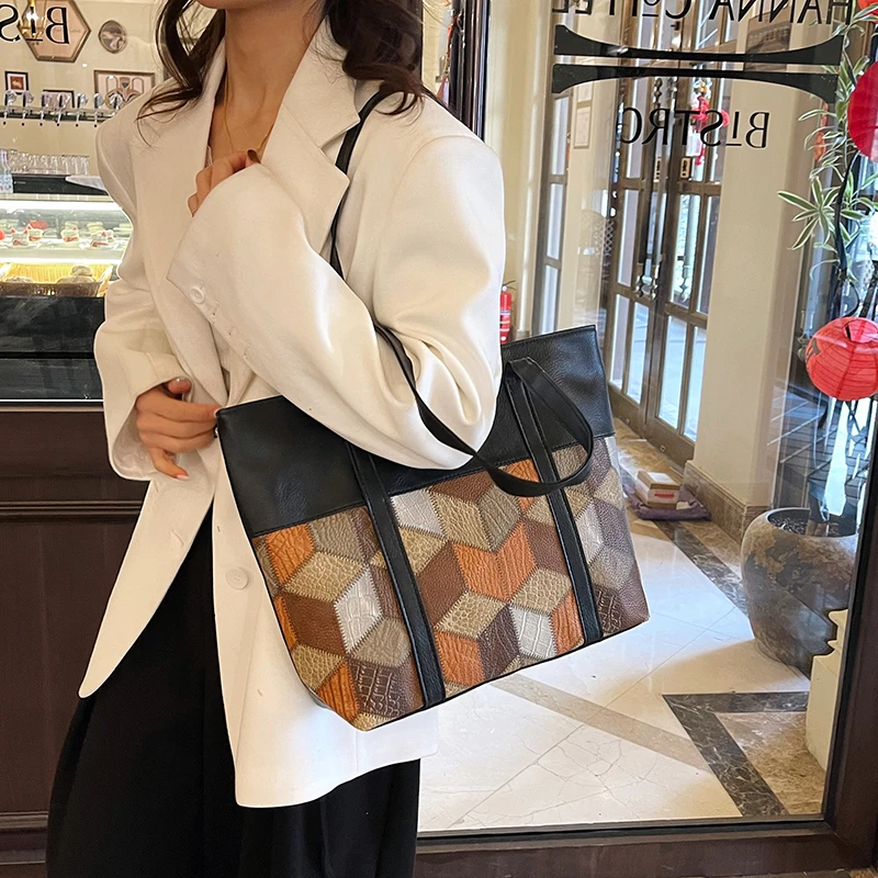 质感通勤大包包女2025时尚拼接大容量单肩包休闲托特百搭手提包