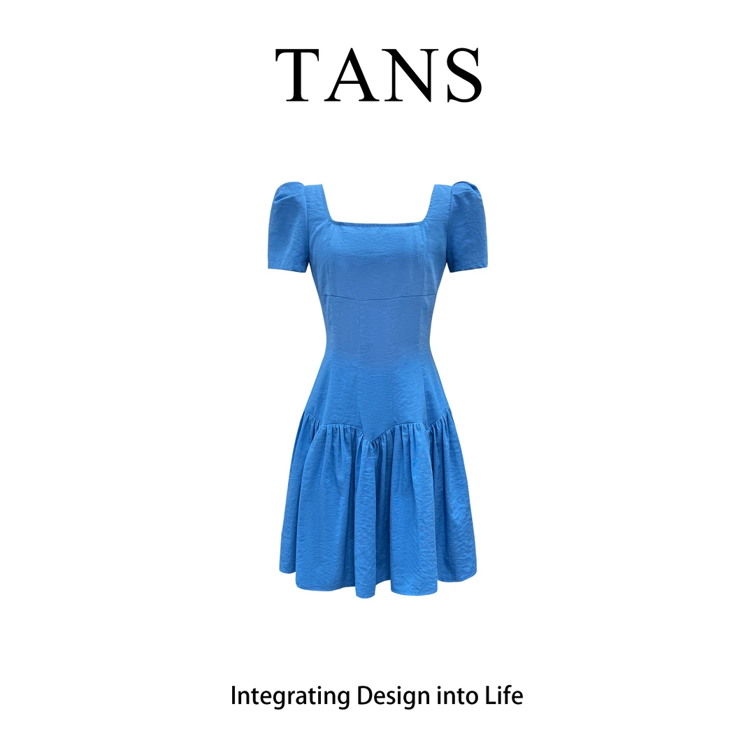 现货 TANS【季风夏梦】蓝色显瘦小个子夏季小众泡泡袖方领连衣裙