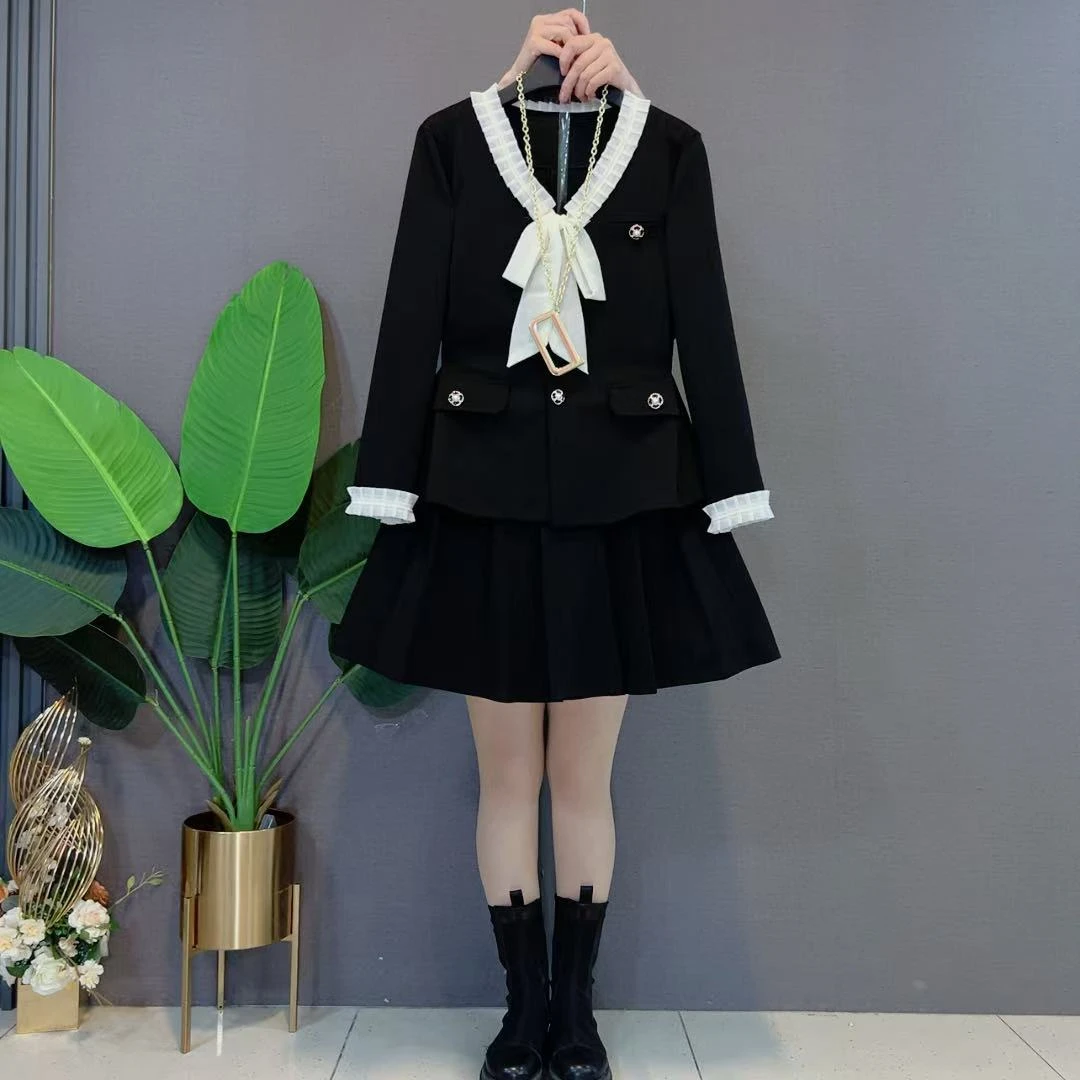 欧货时尚韩版蝴蝶结花边洋气收腰外套百褶裙减龄时尚显瘦两件套