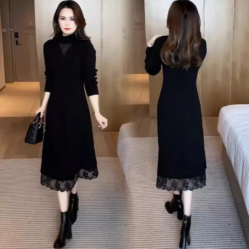 时尚连衣裙女2024秋冬新款洋气质显瘦中长款蕾丝拼接针织打底裙子