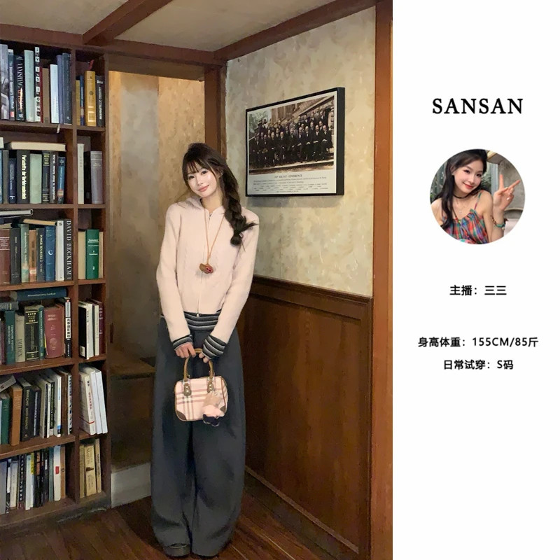 【三三】(北海道日落) 连帽针织开衫秋冬韩系慵懒拉链毛衣短上衣