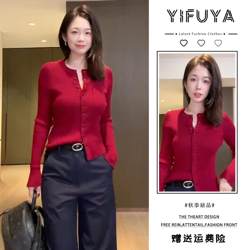 甜美韩系v领红色上衣温柔气质小个子修身长袖针织开衫女春秋新款