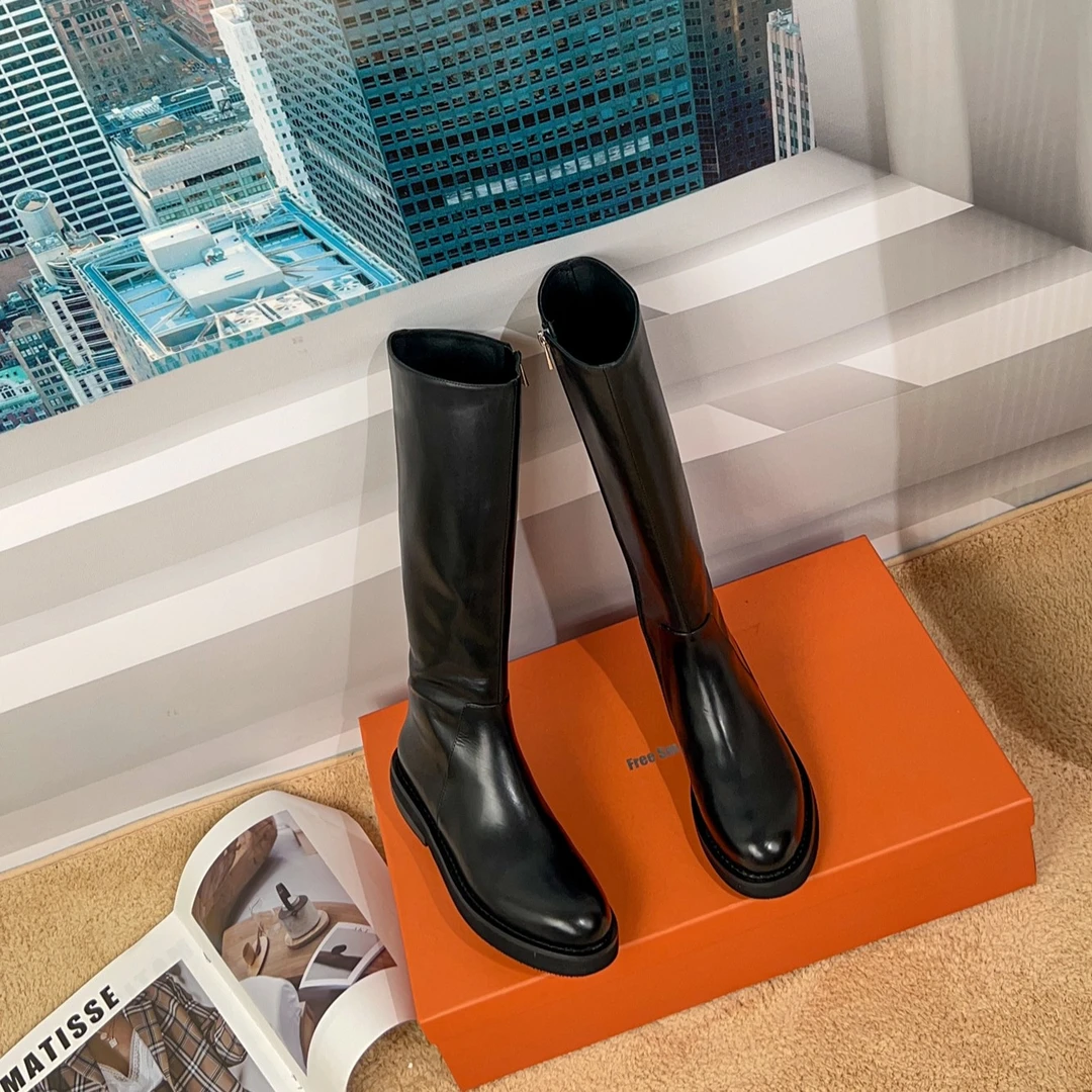 跟高3.5cm/34-39/胎牛皮长靴女简约百搭高筒靴低跟长筒不过膝靴