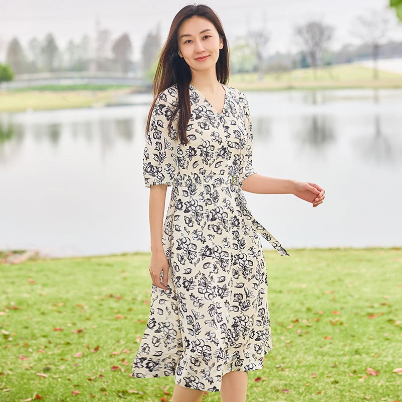 【妍妍专属】MEDECOO/墨蒂珂夏高腰X型灯笼袖印花连衣裙TIC90204