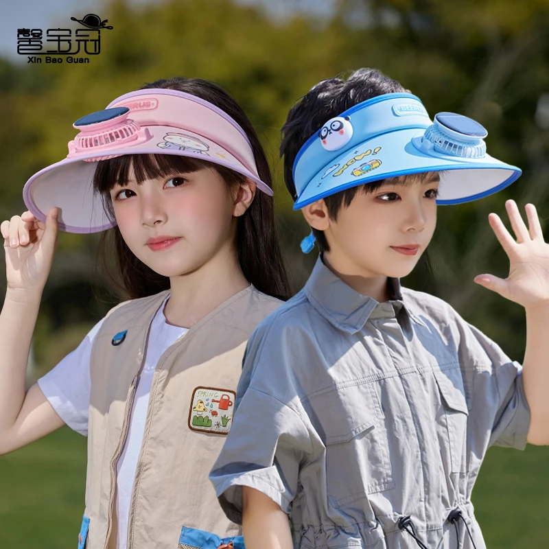 儿童太阳能充电风扇帽子女孩卡通可爱大檐防晒帽男宝宝空顶太阳帽