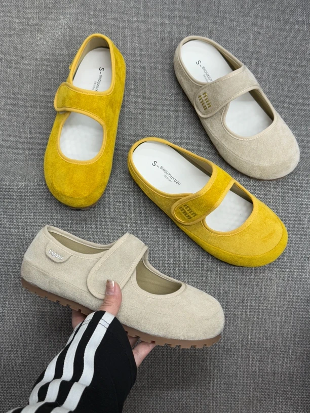 春季玛丽珍魔术贴玛丽珍女鞋2025春季新款丑萌浅口软底舒适黄