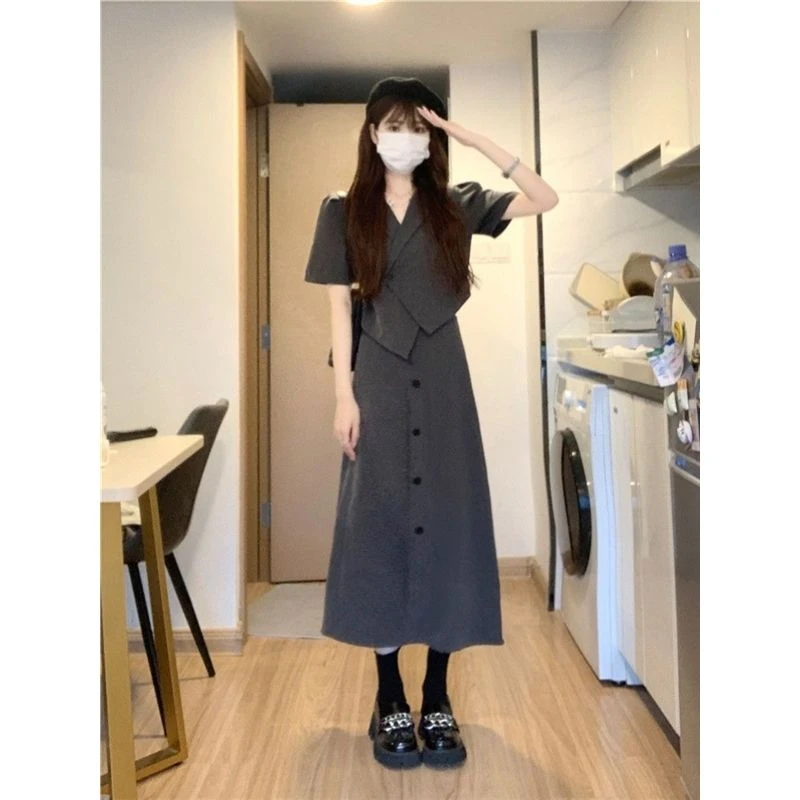 韩版套装女夏季新款港风短款不规则翻领西装上衣高腰半身裙两件套