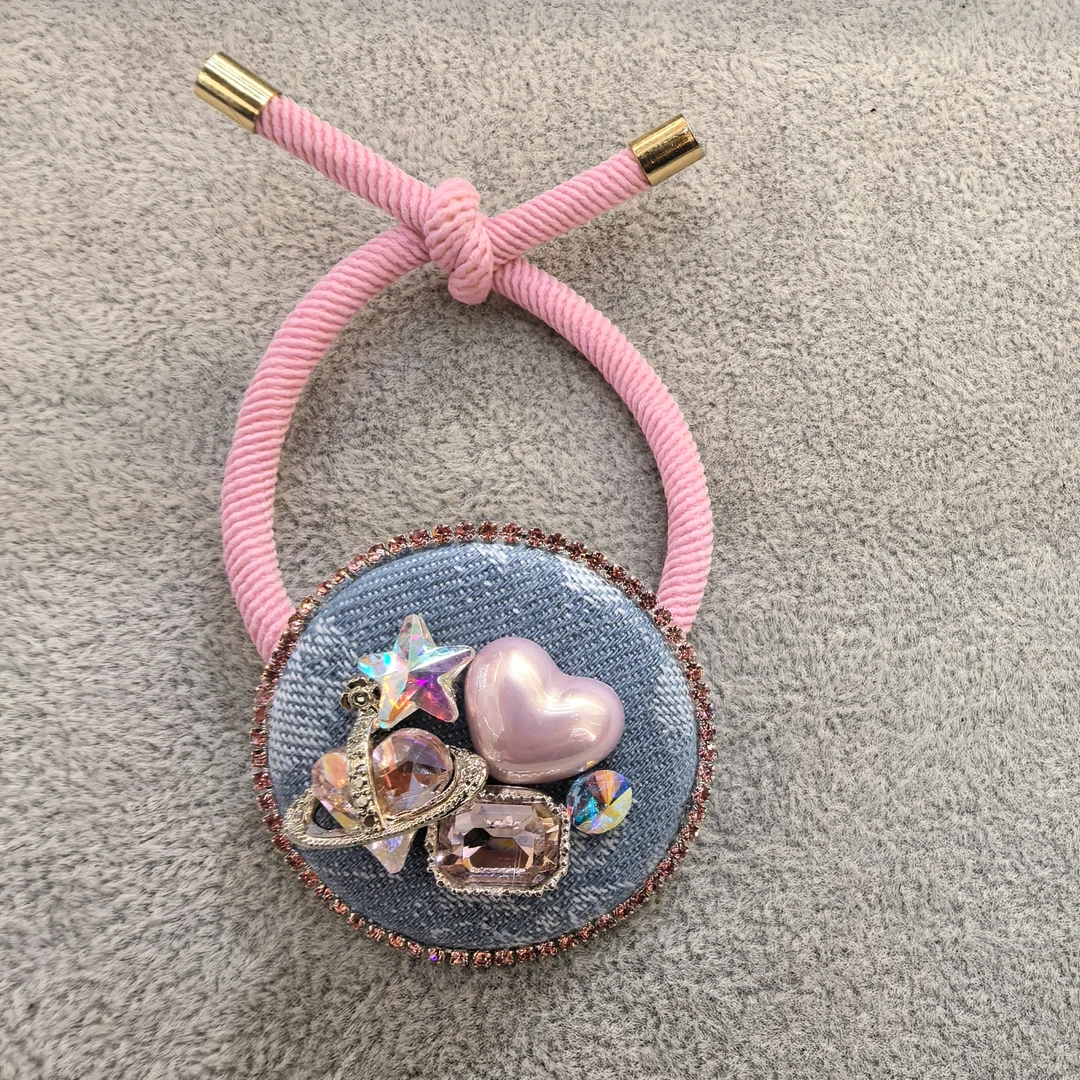 E339粉色爱心星球牛仔圆饼闪闪发绳