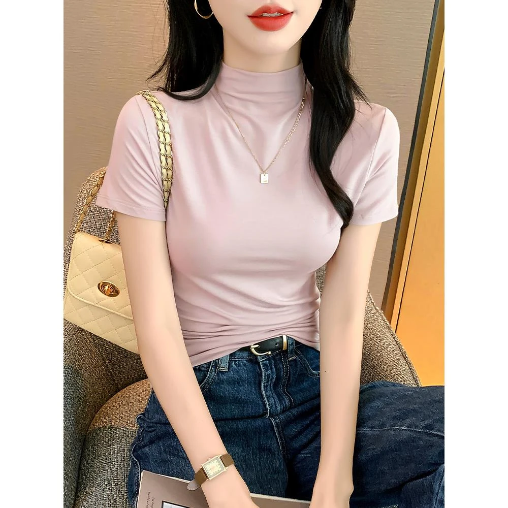 莫代尔半高领短袖t恤女2025新款夏季紧身打底衫内搭冰丝正肩上衣