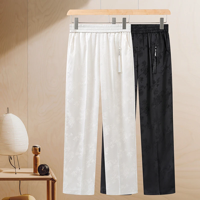 中式缎面提花裤女休闲新款阔腿夏季国风高腰薄款直筒垂感长裤宽松