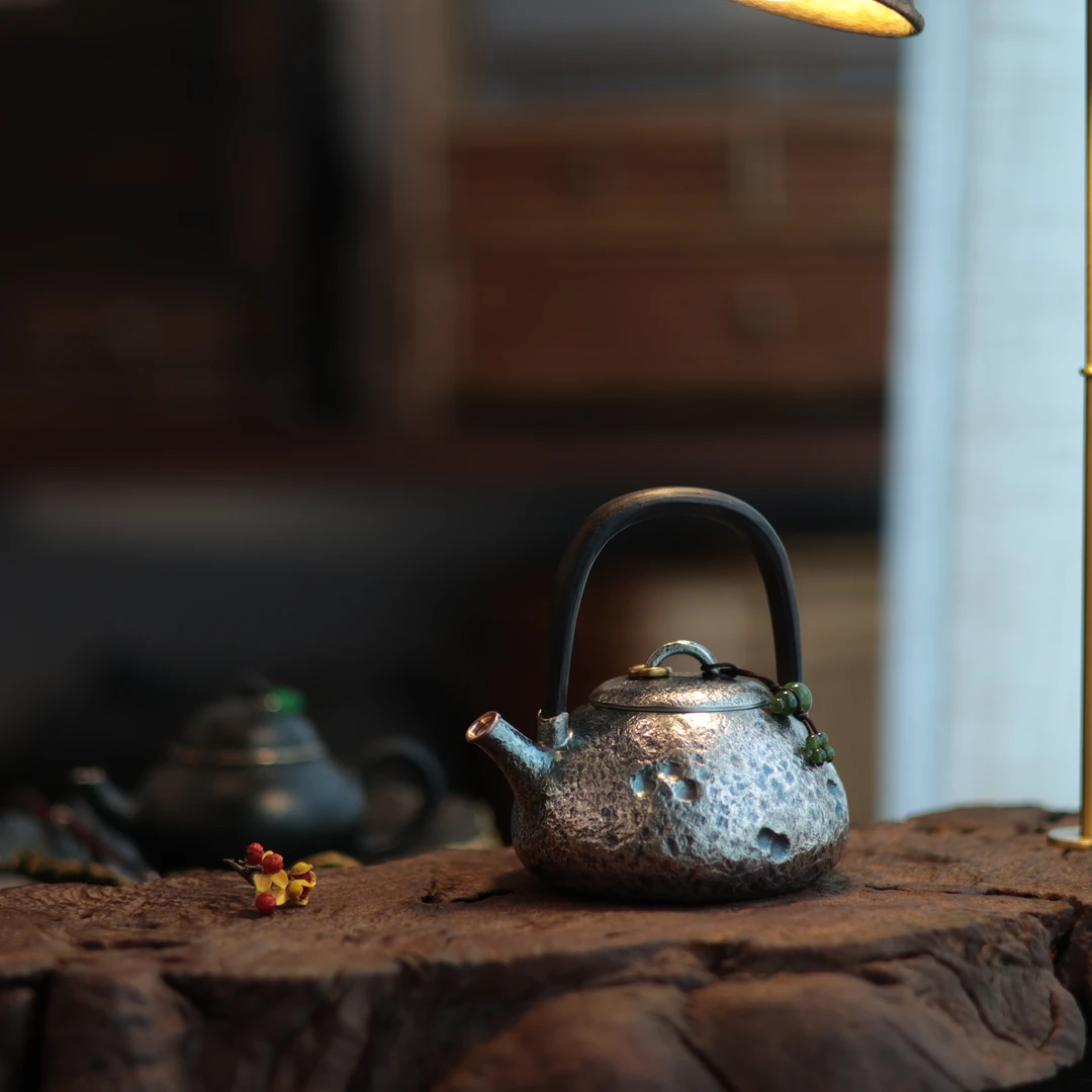 【夷嘉茗友】专版，提梁银壶泡茶壶，999银，纯手工茶道，葫芦配饰不带