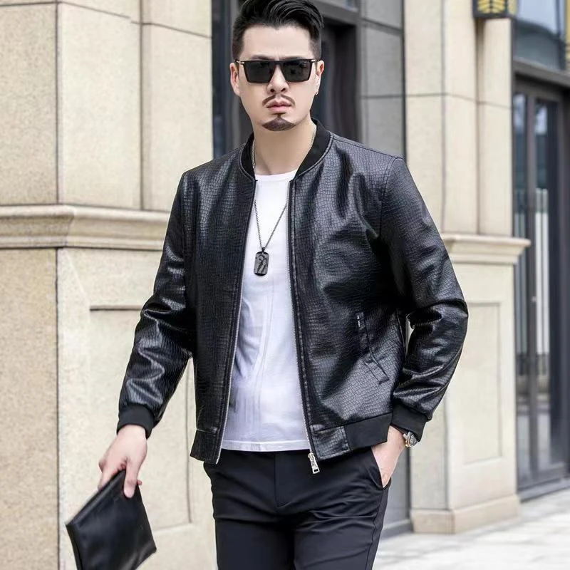 男士皮衣外套冰裂鳄鱼纹加绒新款男士夹克时尚青年棒球服