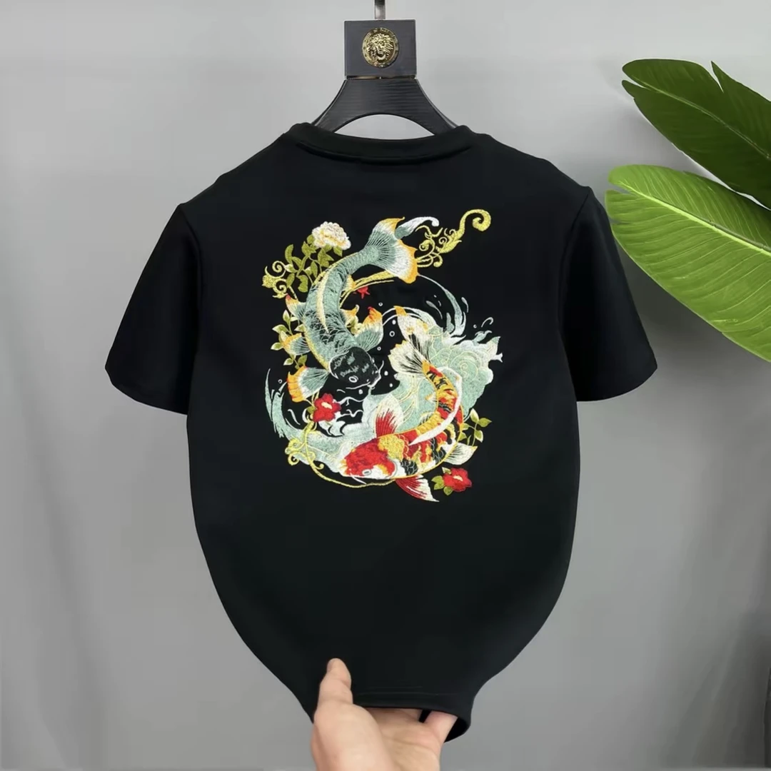 潮牌短袖国潮中国风印花鲤鱼休闲短袖T恤男士小众国风潮体恤半袖
