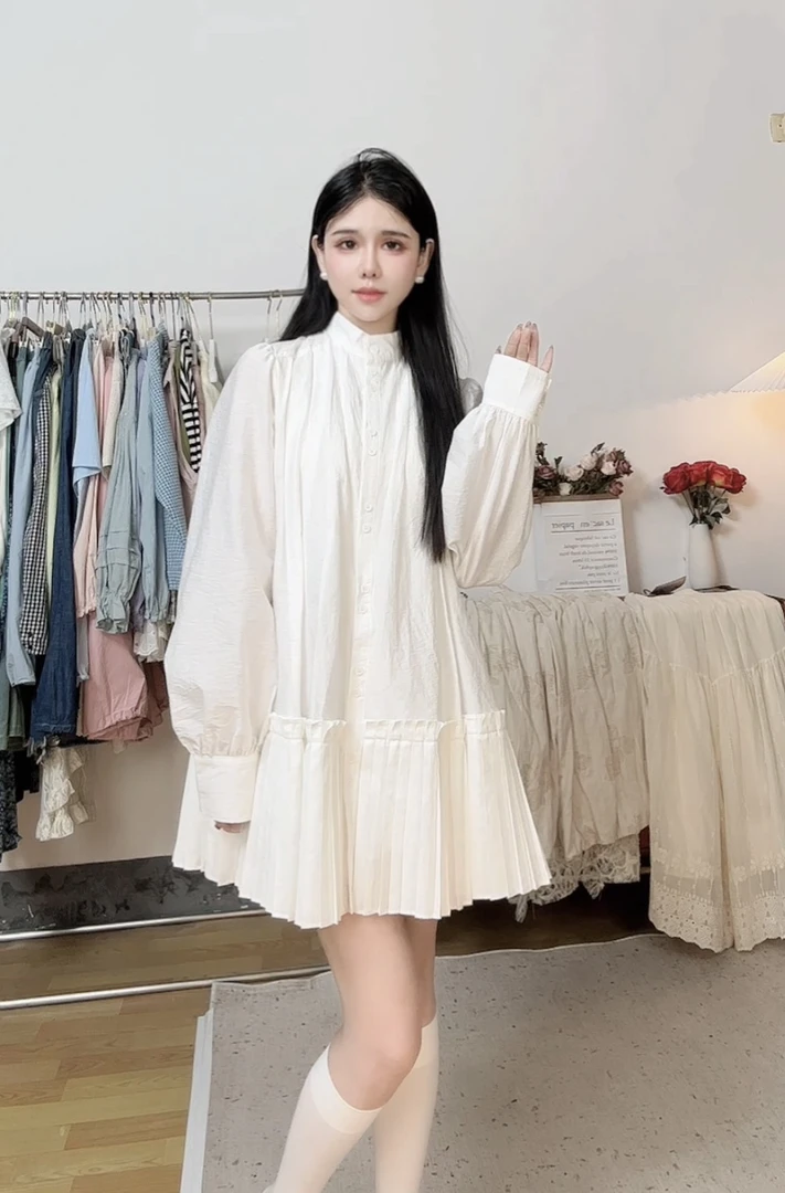 衬衫连衣裙 百褶裙摆衬衫显瘦宽松百搭棉有内衬
