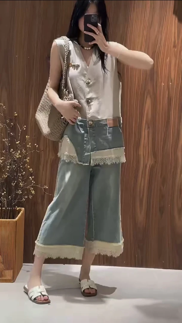 【BAI】蕾丝拼接无袖马甲上衣阔腿裤套装女3825