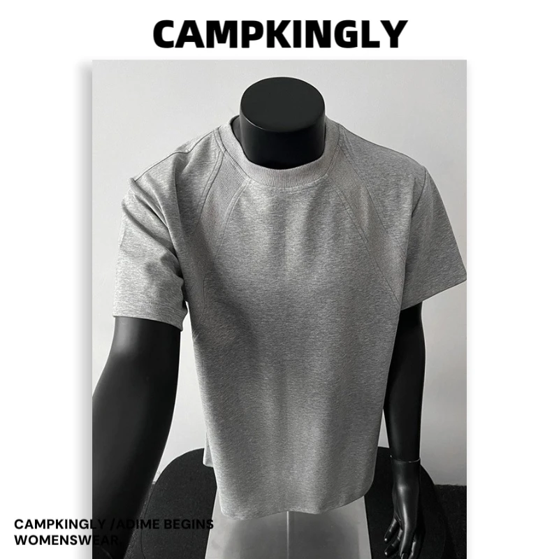 300g空气层重磅拼接短袖T恤夏季抗皱硬挺短款boxy版太空棉五分袖