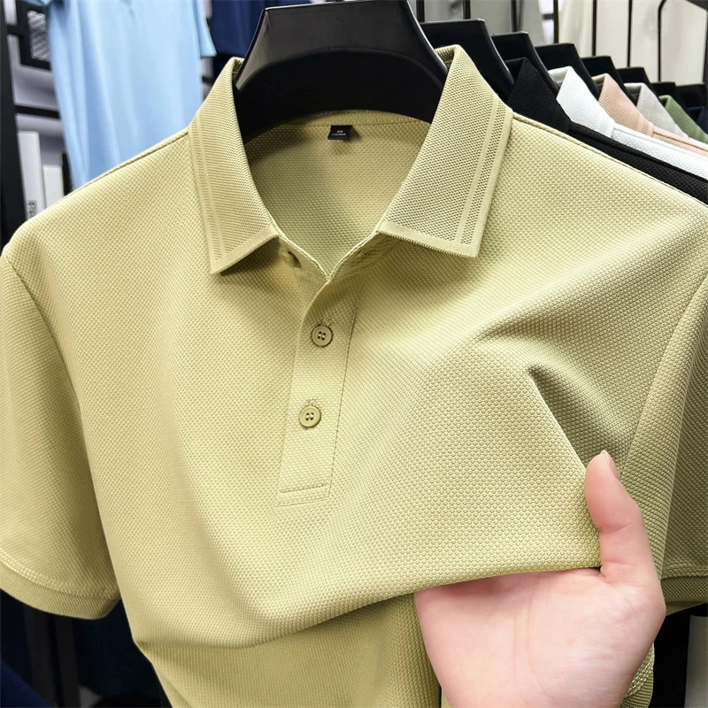 男士夏季冰感纯色短袖POLO衫中年宽松透气商务休闲T恤衫半袖翻领