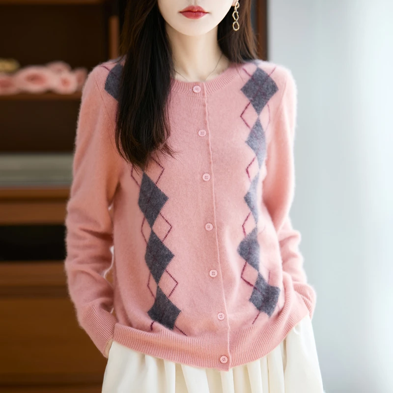 暖华秋冬圆领针织衫港风针织开衫春秋女士时尚提花100%纯羊毛宽松