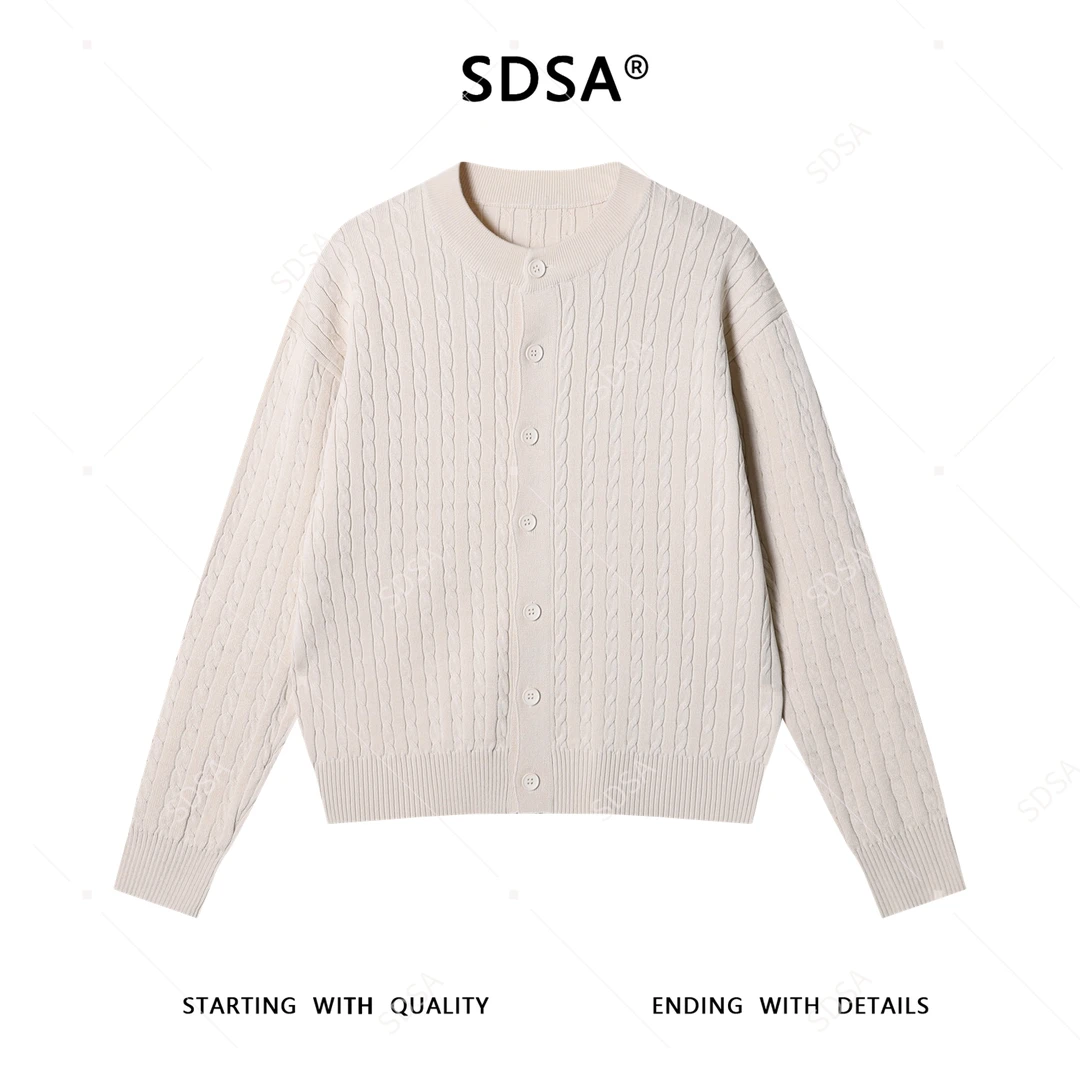 SDSA男士秋冬新款痞帅男装极简风短款纽花圆领针织衫百搭开衫毛衣