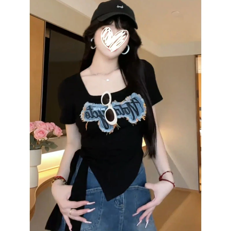 大码宽松微胖mm纯欲基础简约字母正肩短袖t恤夏季显瘦短款上衣潮