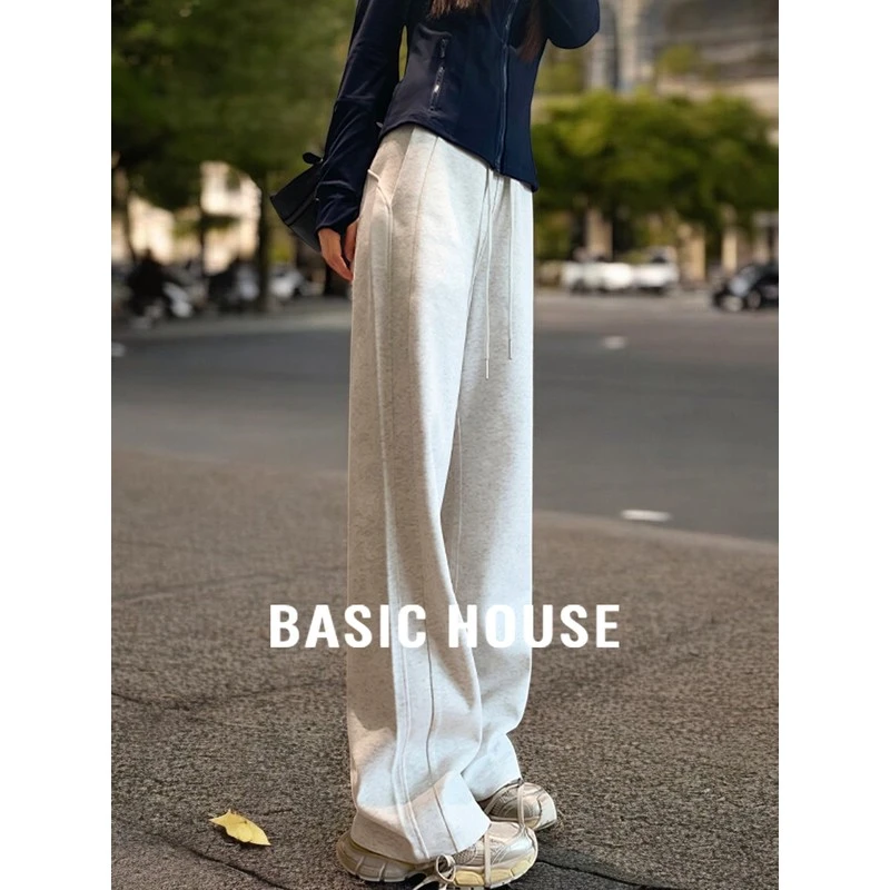 Basic House/百家好松弛感直筒运动香蕉裤女早秋高腰拖地阔腿长裤