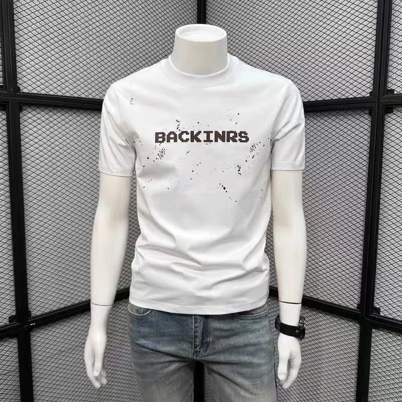 棉圆领短袖泼墨印花男士T恤2025新款潮流修身个性英伦雅痞风男装