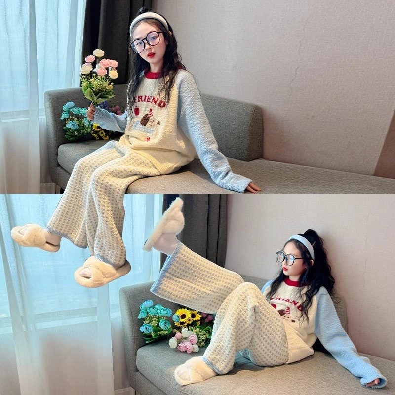 儿童睡衣女孩冬季2025新款女大童半边绒家居服女童秋冬珊瑚绒套装