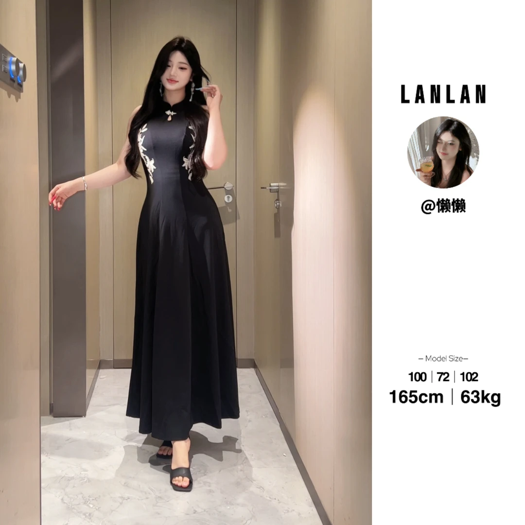 Lanlan-【落花为信】新中式矜贵旗袍连衣裙黑色显瘦连衣裙刺绣长裙