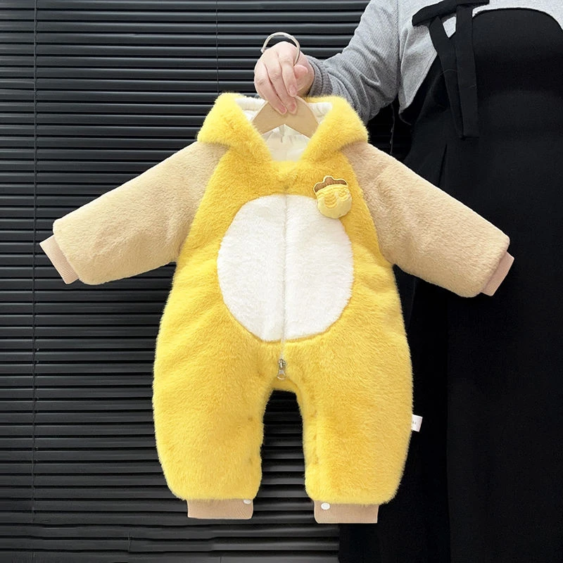 婴儿男女宝宝连帽加绒幼儿加厚保暖冬款毛毛衣爬服哈衣舒适连体衣