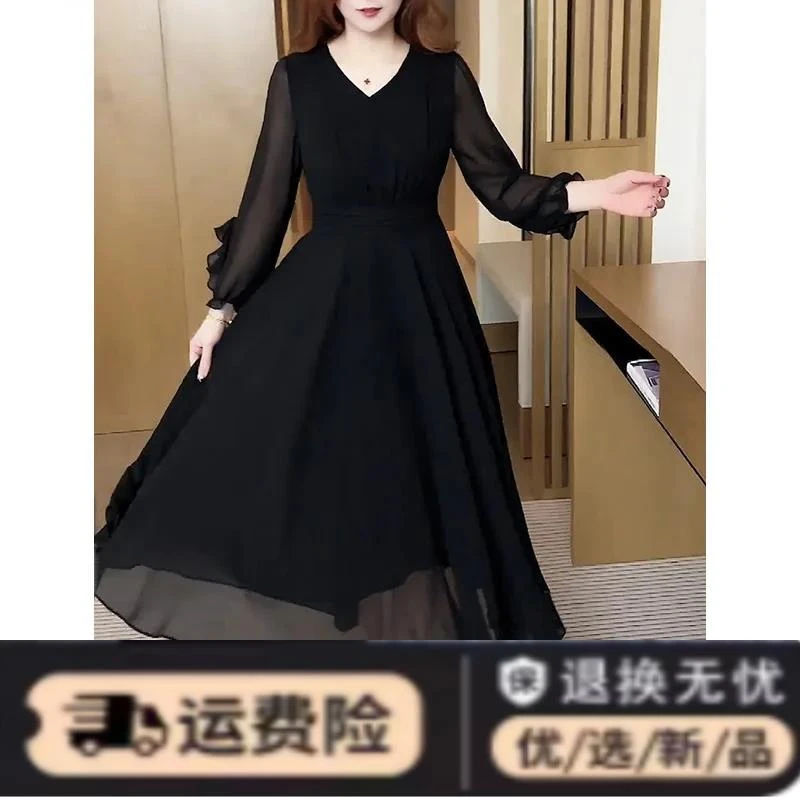 2024早春新款时尚长袖连衣裙女收腰显瘦v领黑色高级感休闲A字裙子