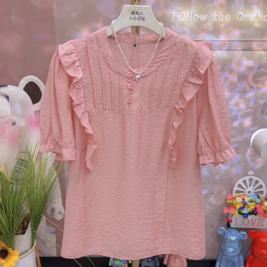 荷叶边大码短袖衬衫女夏季新款洋气减龄宽松显瘦时尚上衣