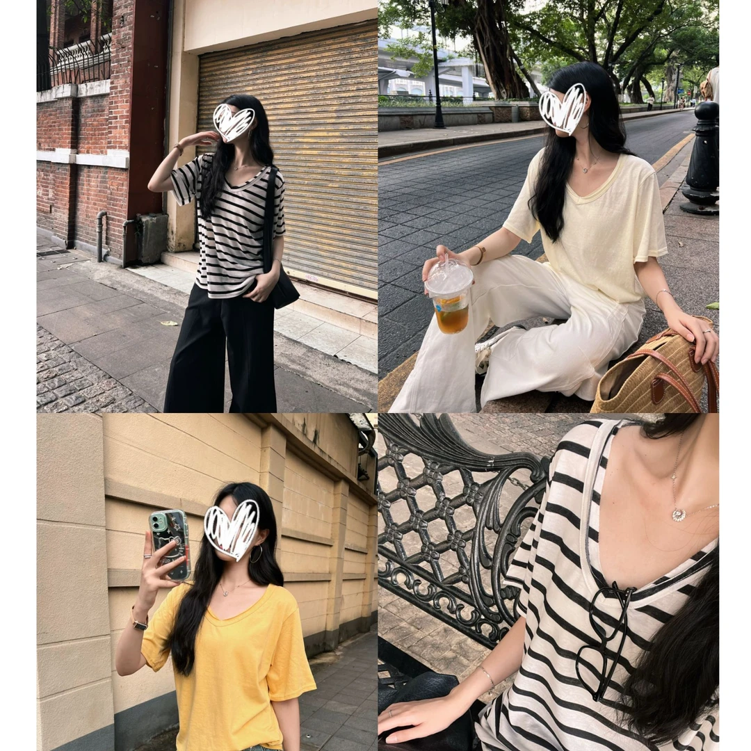 由子衣舍/Youzi Atelier慵懒舒适老钱风V领毛边短袖T恤设计感韩版