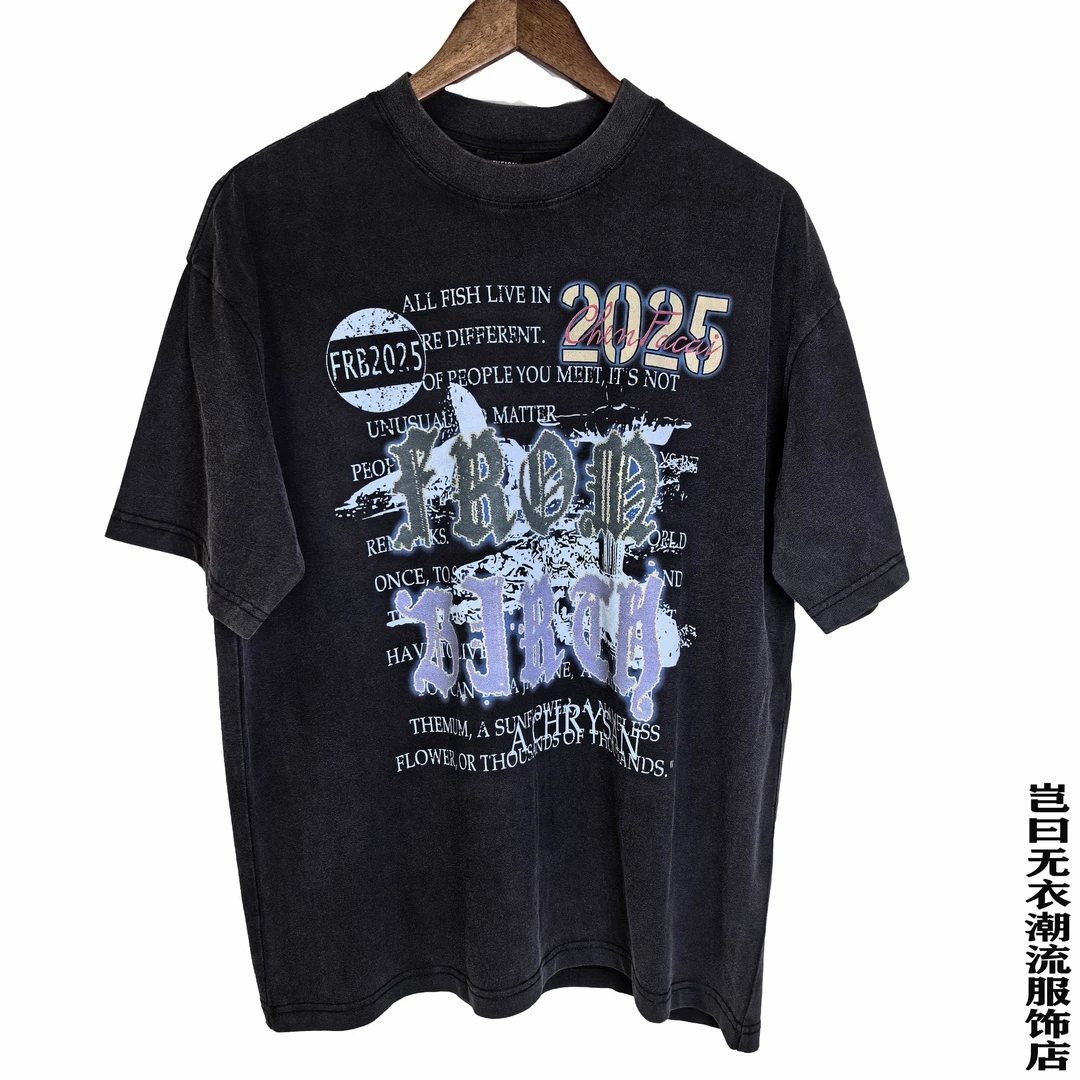 圆领水洗做旧直喷宽松短袖春夏季黑色T恤男款半袖男女同款上衣