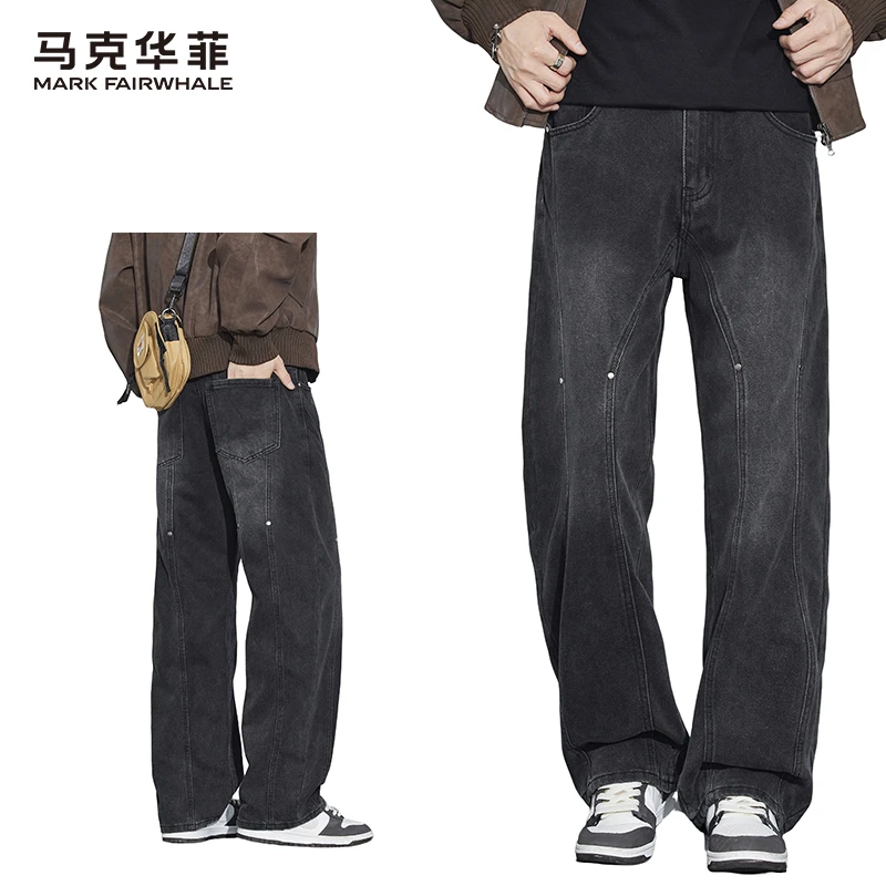 马克华菲美式牛仔裤男宽松直筒铆钉设计水洗感做旧复古休闲高街裤