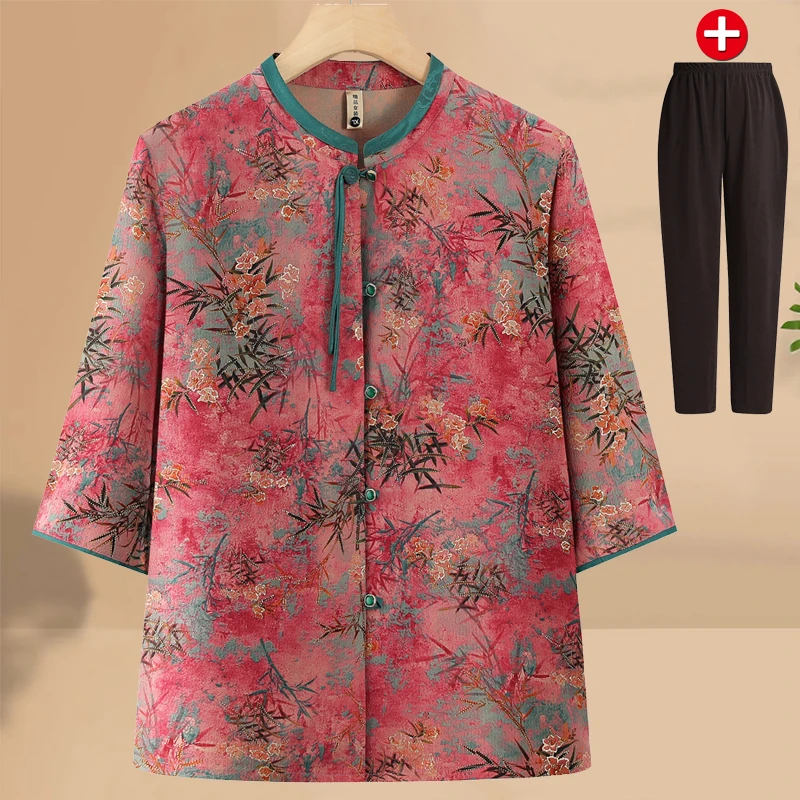 中老年人妈妈装夏季七分袖衬衫老太太衣服奶奶装洋气高端衬衣衣服