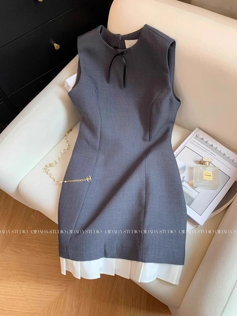 法式小香风灰色无袖背心连衣裙女2025夏季新款气质高级感修身短裙